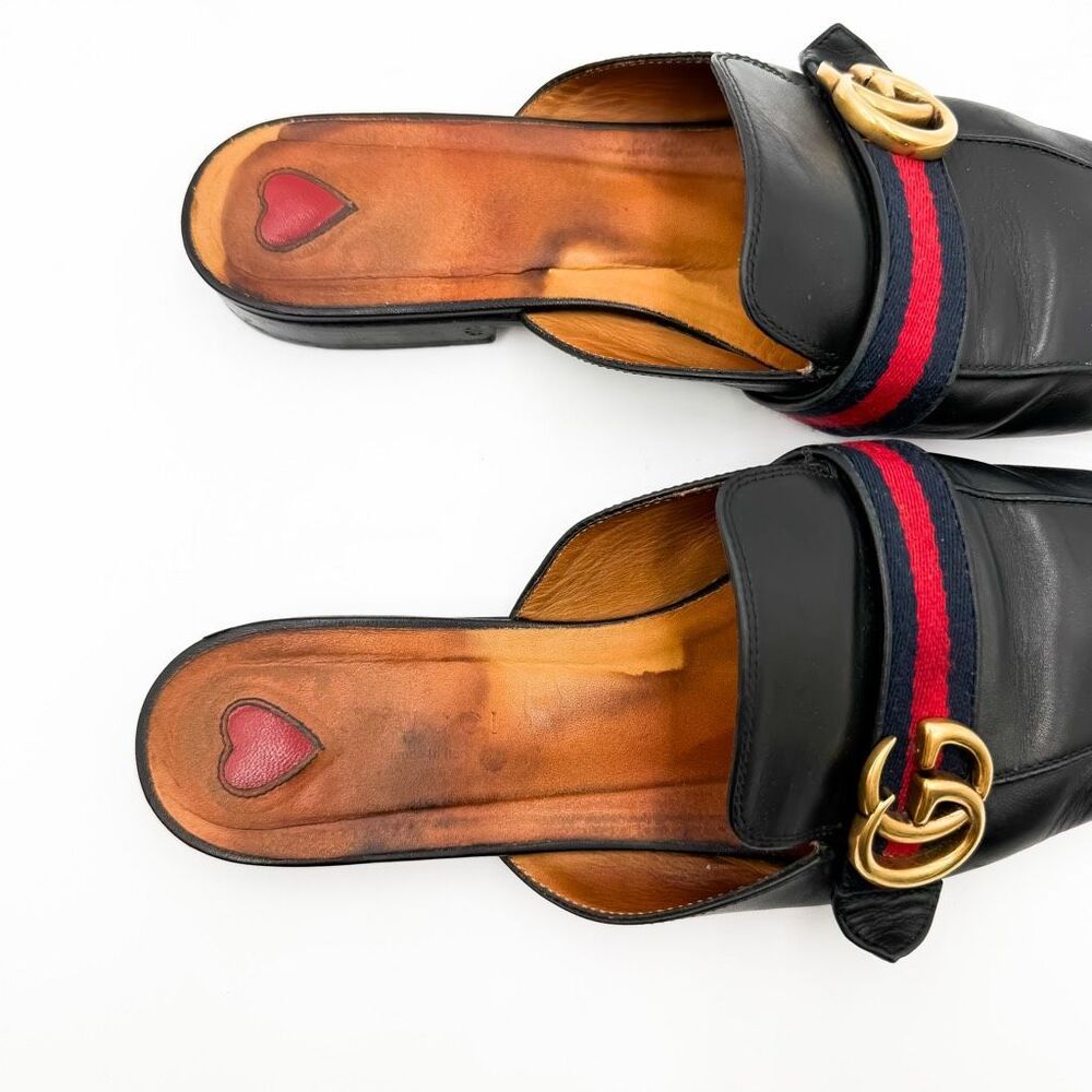 Gucci GG Web Stripe Peyton Mules Flat Slides Black Leather Loafers EU 39 US 9 - Picture 10 of 13